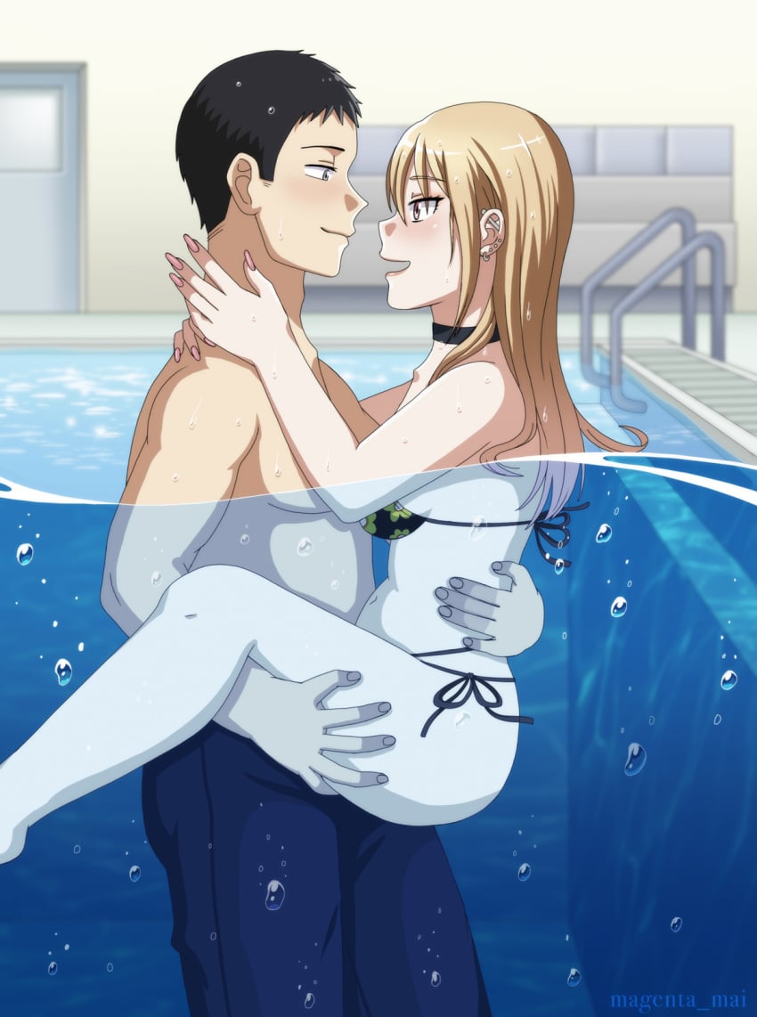 1boy 1girls 2022 ass barefoot bikini bikini_bottom bikini_top black_bikini black_hair blonde_hair blue_water blush breasts bubbles choker cute ear_piercing feet_out_of_frame floral_print gojou_wakana gyaru happy hug hugging kitagawa_marin lifting lifting_person long_fingernails long_hair magenta_mai medium_breasts navel open_mouth pool short_hair sideboob smile sono_bisque_doll_wa_koi_wo_suru standing swimming_pool swimming_trunks swimsuit topless topless_male water wet_hair