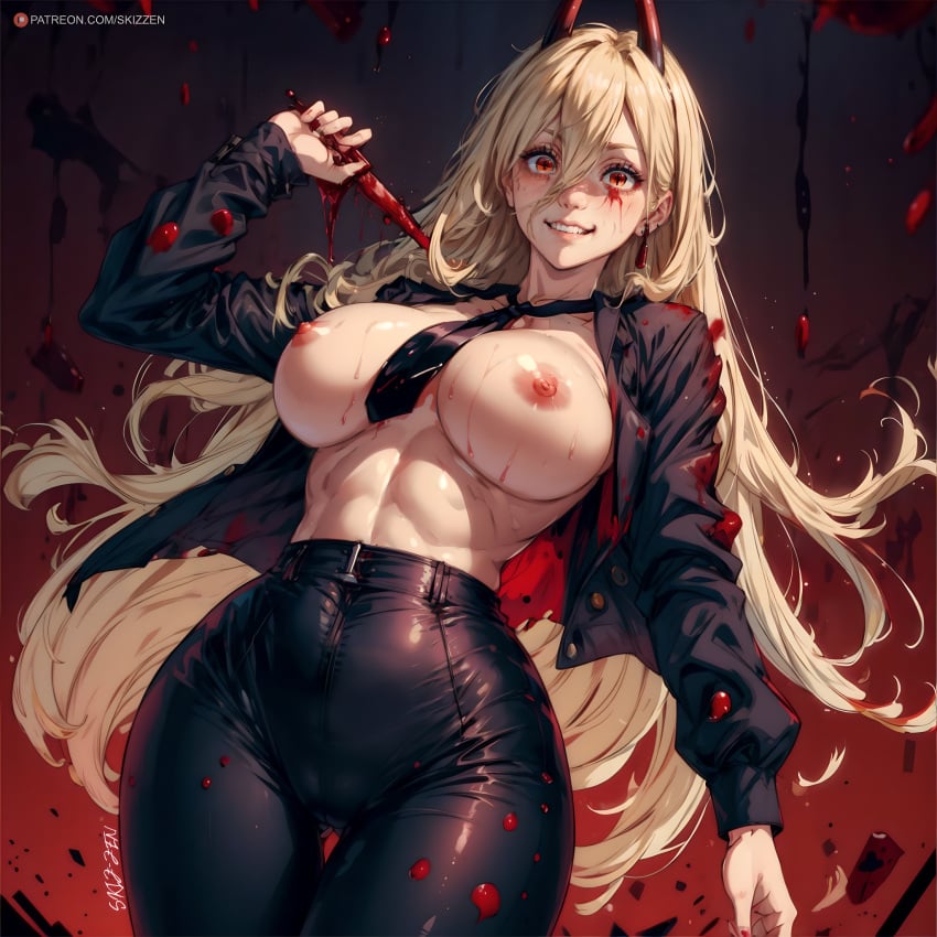 1girls ai_generated bangs big_breasts blonde_hair blood chainsaw_man crazy_eyes demon female horns jacket long_hair naked orange_eyes power_(chainsaw_man) skintight skizzen thin_waist uniform wide_hips