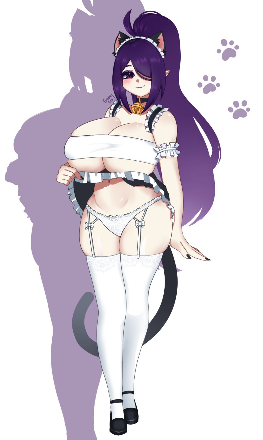 big_ass big_breasts cat_bell cat_tail fuamyero hanano_(oc) hourglass_figure lingerie maid_bikini maid_uniform purple_hair smile tagme