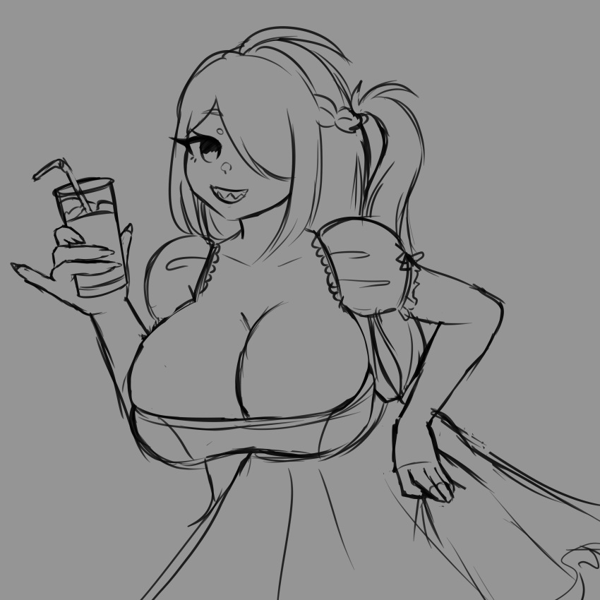 big_breasts breasts chilean dress drink fiestas_patrias_(chile) fuamyero hair_over_one_eye hanano_(oc) looking_at_viewer shark_teeth smile wip