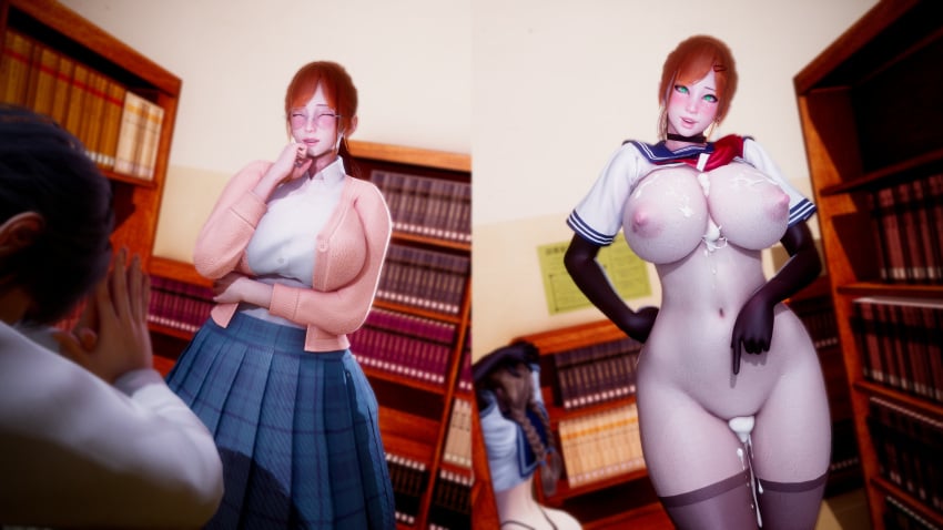 1girls 3d arcrad armwear before_and_after big_breasts breasts brown_hair busty choker closed_eyes corruption cum cum_in_pussy cum_inside cum_on_breasts cum_on_upper_body curvaceous curvy curvy_body curvy_female curvy_figure eyes_closed female glasses green_eyes huge_breasts hypnosis large_breasts laugh library long_skirt moral_degeneration naughty nipples original original_character round_glasses school_uniform schoolgirl schoolgirl_uniform skirt slut slutty_outfit smile smiling thighhighs voluptuous whore