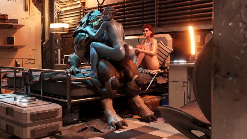 1boy 2girls 3d alien alien_girl alien_penis asari ass bed belethor's_smut big_penis blue_eyes blue_skin breasts commander_shepard erection eyeshadow female femshep green_eyes hi_res horsecock krogan looking_back mass_effect nipples nude penis penis_on_ass samara shiny_skin sitting sitting_on_bed sitting_on_penis straddling watching