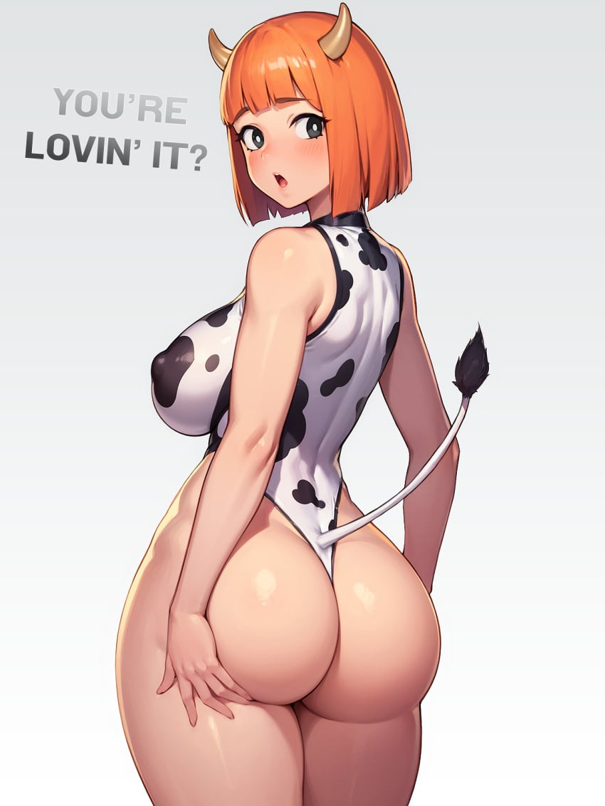 1girls ai_assisted ass_lift big_ass big_breasts blunt_bangs bob_cut boylurker breasts cow_print curvy english_text fake_horns fake_tail female female_only from_behind hand_on_ass highleg_leotard large_breasts looking_back mcdonald's milf mom_(japanese_mcdonald's_commercial) neolurker orange_hair side_boob surprised thick thick_thighs wide_hips yoru_mac