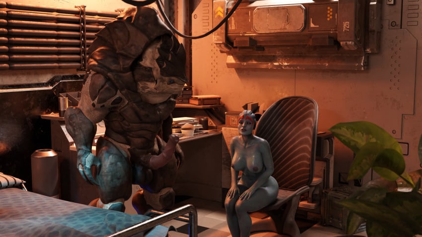 1boy 1girls 3d alien alien_girl alien_penis asari belethor's_smut big_breasts big_penis blue_eyes blue_skin breasts erection female hi_res horsecock krogan looking_at_partner mass_effect nipples nude penis samara shiny_skin sitting