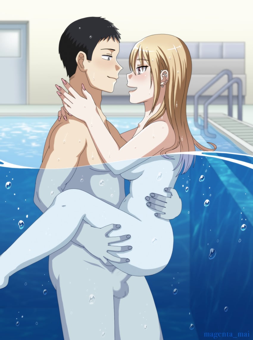 1boy 1girls 2022 against_wall barefoot blonde_hair blush censored censored_penis gojou_wakana gyaru happy kitagawa_marin lifting lifting_person long_fingernails long_hair magenta_mai nude nude_female nude_male open_mouth pool_sex short_hair sideboob sono_bisque_doll_wa_koi_wo_suru standing swimming_pool thighs vaginal_penetration wet_hair