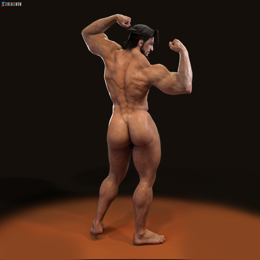 1boy 2023 3d ass bandana bara barazoku beard capcom completely_nude facial_hair gay hairy hi_res highres male male_focus male_only manly muscular_back muscular_male nude rashid solo solo_male street_fighter street_fighter_6 yaoi