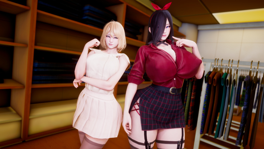 2girls 3d arcrad big_breasts black_hair blonde_hair blue_eyes breasts busty curvaceous curvy curvy_body curvy_female curvy_figure female huge_breasts large_breasts original original_characters thick_thighs thighs voluptuous