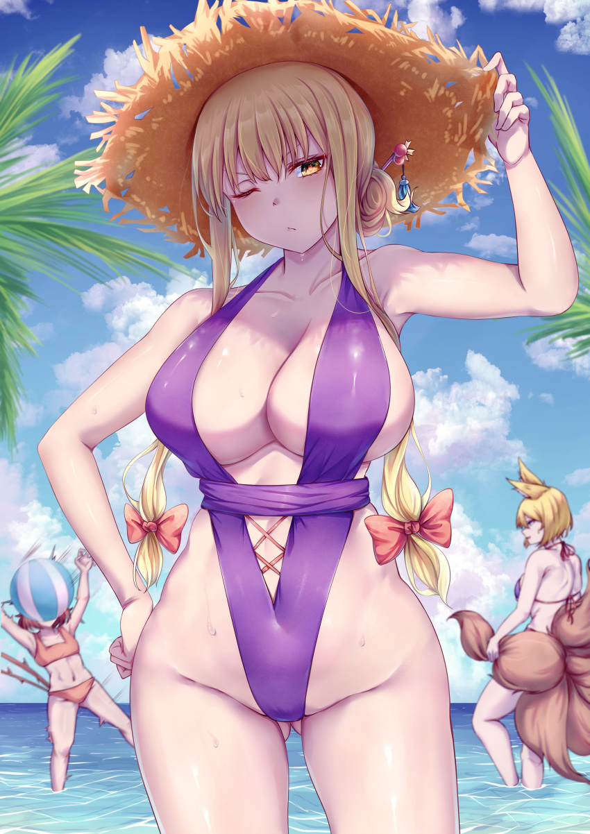 2_tails 3girls absurdres animal_ears ball beach beach_ball bikini blonde_hair blue_sky breasts brown_headwear casual_one-piece_swimsuit cat_tail chen cleavage closed_mouth cloud commentary cross-laced_clothes fox_ears fox_girl fox_tail gluteal_fold groin hair_ornament hairpin hand_on_headwear hand_on_own_hip hat highres horizon kitsune large_breasts looking_at_viewer mirufui multi_tail multiple_girls ocean one-piece_swimsuit one_eye_closed outdoors palm_tree purple_one-piece_swimsuit ran_yakumo red_bikini short_hair sidelocks sky slingshot_swimsuit solo_focus straw_hat sun_hat swimsuit tail touhou tree wading wet yakumo_ran yakumo_yukari yellow_eyes yukari_yakumo