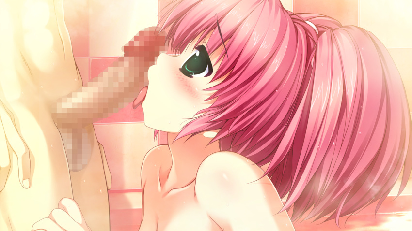 censored fellatio game_cg green_eyes hair hayase_manami kamikaze_explorer nude oral oshiki_hitoshi penis pink_hair wet