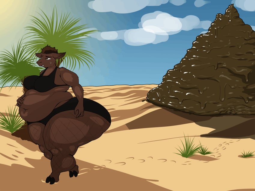 2026 anthro athletic_wear barefoot belly big_belly black_bra black_clothing black_gym_shorts black_sports_bra black_underwear bloated bluepants bodily_fluids bottomwear bra breasts brown_body brown_eyes brown_fur brown_hair camel camelid clear_sky clothing cloud desert desert_background detailed_background digital_drawing_(artwork) digital_media_(artwork) excessive_feces feces feces_pile feet female fishnet_clothing fishnet_leggings fishnet_legwear frown fur grass gym_bottomwear gym_shorts hair hand_on_belly hand_on_hip hi_res holding_stomach hooves hyper hyper_feces hyper_scat leggings legwear looking_forward mammal mature_female muscular_legs navel onofria_sharan overweight palm_tree plant pyramid scat shorts shrub sky smaller_version_at_source solo sports_bra sun sweat sweatdrop thick_calves thick_thighs tree underwear walking wide_hips