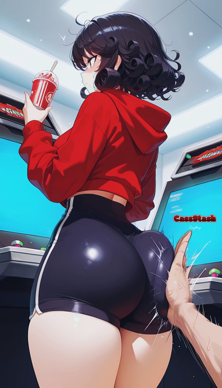 ai_art ai_assisted ai_generated arcade arcade_machine ass_ripple big_ass cellphone curly_hair dat_ass drink emotionless emotionless_female high_waisted_shorts holding_object hoodie impact_lines large_ass nstash pov_hands smacking_ass spandex_shorts spanked spanked_butt spanking thick_thighs