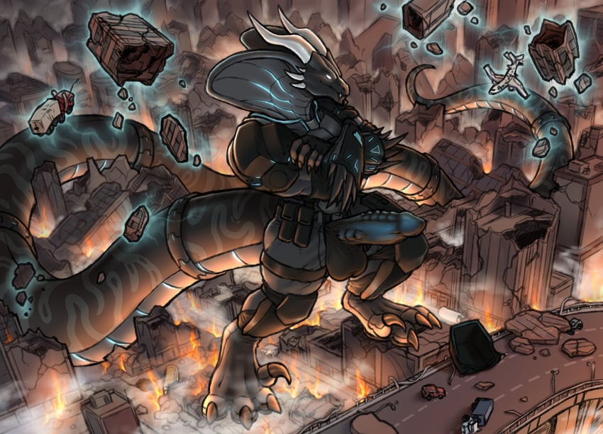 abs aircraft airplane anthro balls balls_outline biceps big_tail biped black_body boots bottomwear building building_destruction bulge car city city_background city_crushing city_destruction cityscape claws clothed clothing cobra crush destruction detailed_bulge erection erection_under_bottomwear erection_under_clothing feet finger_claws fingerless_gloves fingers fire footwear forced gear genital_outline genitals gloves glowing glowing_eyes glowing_genitalia glowing_penis handwear hi_res house jet kai'nek_(pyronite) landscape_dwarfing long_tail macro macro_anthro macro_male male muscular muscular_anthro muscular_male nairim outside paws pecs penile penis penis_outline rampage reptile scalie shoes snake snake_hood solo stomping tail teeth telekinesis toe_claws toes topwear vehicle vehicle_destruction