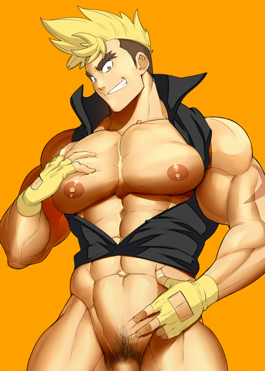 1boy abs bara biceps big_pecs blonde blonde_hair bottomless brown_eyes buff censored fingerless_gloves gloves grabbing_breasts grabbing_own_breast grin hand_on_chest hand_on_pecs huge_pecs human human_only kittan_bachika looking_at_viewer male male_chest male_focus male_nipples male_only muscle muscles muscular muscular_male nipples open_shirt orange_background pec_grab pecs pectoral_bulge pectorals penis presenting_breasts pubic_hair simple_background smile solo solo_focus solo_male tengen_toppa_gurren_lagann tight_clothing tight_shirt undressing