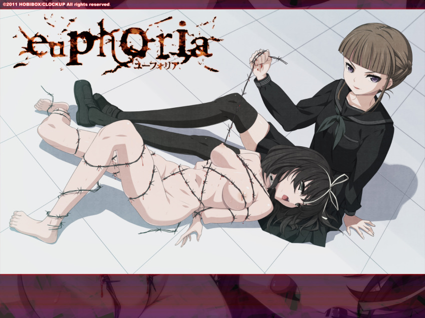 2010s 2d 2d_(artwork) 2girls absurd_res absurdres barbed_wire black_hair blood bondage breasts brown_hair clockup copyright_name euphoria euphoria_(clockup) female hamashima_shigeo hokari_kanae manaka_nemu multiple_girls nipples nude nude_female official_art purple_eyes school_uniform schoolgirl seifuku tech_gian teen teen_girl teenage teenage_girl teenager thighhighs tile tile_floor tiles title torture young yuri