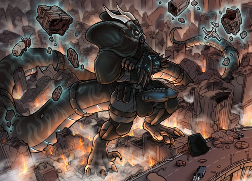 abs aircraft airplane anthro balls_outline biceps big_tail biped black_body boots bottomwear building building_destruction bulge car city city_background city_crushing city_destruction cityscape claws clothed clothing cobra crush destruction detailed_bulge erection erection_under_bottomwear erection_under_clothing feet finger_claws fingerless_gloves fingers fire floating footwear forced gear genital_outline genitals gloves glowing glowing_eyes glowing_genitalia glowing_penis handwear hi_res hooded house jet kai'nek_(pyronite) landscape_dwarfing long_tail macro macro_anthro macro_male male mask muscular muscular_anthro muscular_male nairim outside paws pecs penis rampage reptile scalie shoes snake snake_hood solo stomping tail teeth telekinesis toe_claws toes topwear vehicle vehicle_destruction wearing_mask