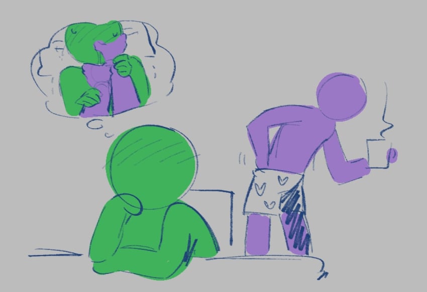 alan_becker animation_vs_minecraft blush circle_head coffee coffee_mug daydream dream_bubble flashback gay green_(avm) green_body green_skin heart non-human non-human_head non-human_only purple_(avm) purple_body purple_skin simple_background stick_figure stickman toony