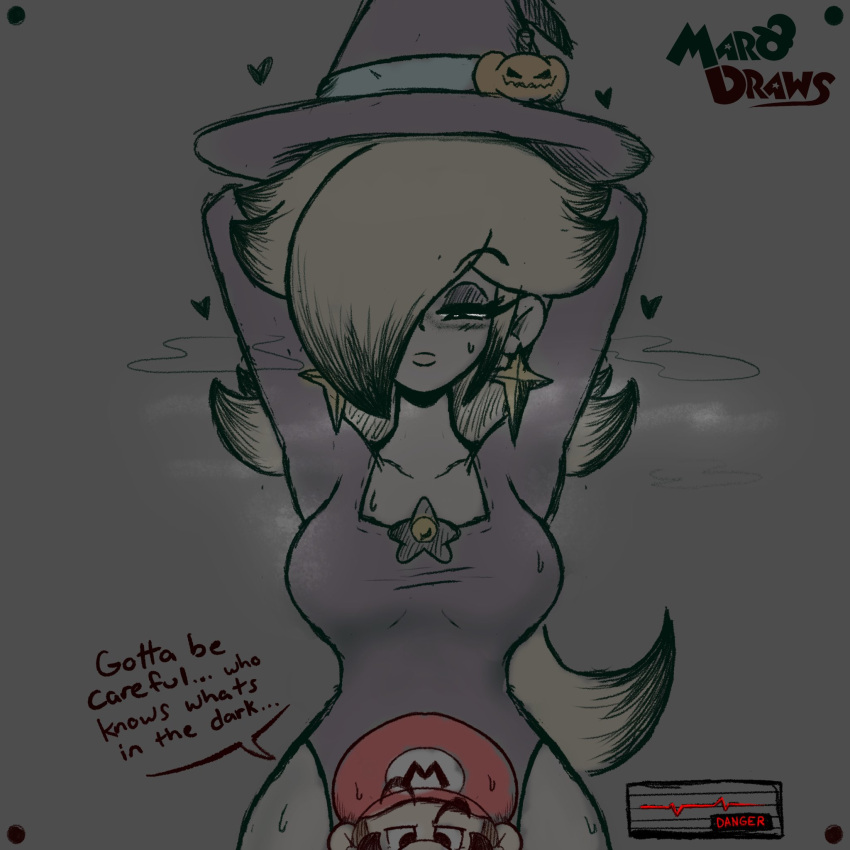 1boy 1girls ara_ara arms_behind_head arms_up bigger_female blonde_hair breasts clothing danger english_text female female_focus half-closed_eyes hat heart imminent_sex larger_female leotard looking_at_another male mario mario_(series) mario_kart mario_kart_tour marodraws princess_rosalina purple_dress size_difference smaller_male speech_bubble standing taller_girl text witch_costume witch_hat