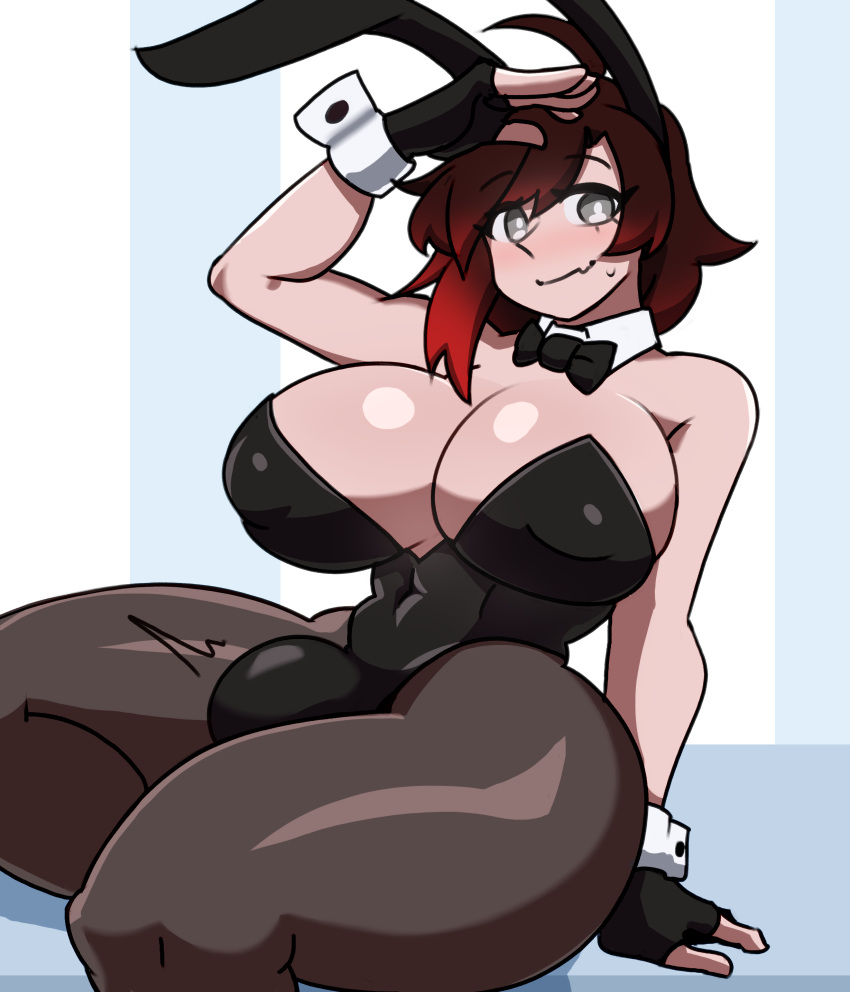 1futa big_breasts big_hips black_hair breasts bulge bulge_through_clothing bunny_ears bunnysuit clothed clothing flaccid fully_clothed futa_only futanari huge_breasts light-skinned_futanari light_skin looking_at_viewer playboy_bunny ruby_rose rwby seductive short_hair solo solo_futa sunk118 thick_thighs wide_hips