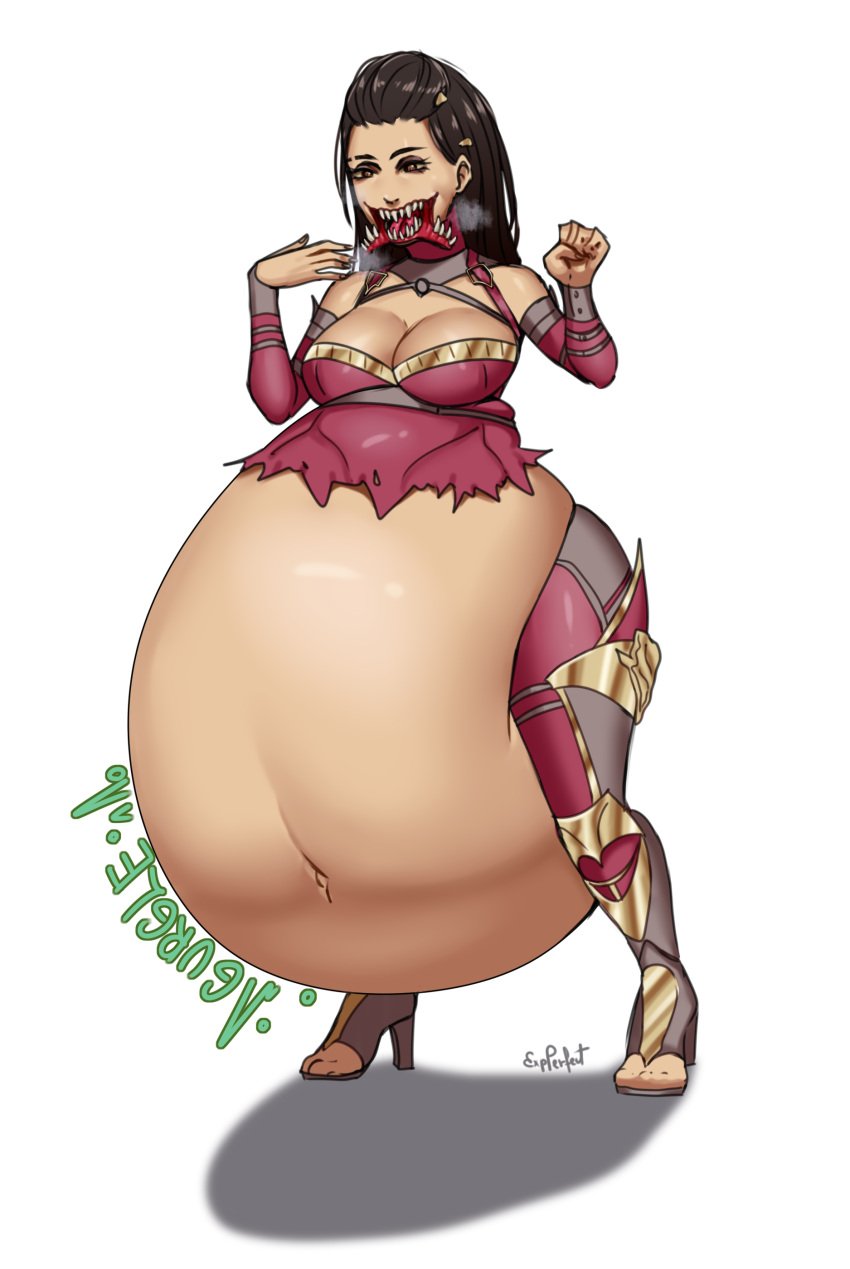 ambiguous_prey belly belly_bulge big_belly big_belly_bulge big_breasts black_hair breasts commission digestion digestion_noises expperfect female_pred mass_vore mileena mortal_kombat mortal_kombat_1_(2023) multiple_prey oral_vore same_size_vore sharp_teeth soft_vore stomach_noises tight_clothing vore vore_belly