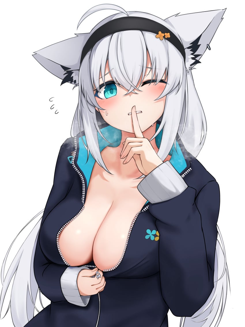 1boy absurdres ahoge animal_ear_fluff animal_ear_piercing animal_ears aqua_eyes black_hairband black_headband black_hoodie blush braid breasts cleavage female fox_ears fox_girl fox_tail hair_between_eyes hairband headband highres hololive hololive_gamers hololive_gen_1 hololive_japan hood hoodie interlocked_fingers large_breasts long_hair long_sleeves looking_at_viewer micon official_alternate_costume one_eye_closed shirakami_fubuki shirakami_fubuki_(7th_costume) single_braid solo tail virtual_youtuber white_background white_hair