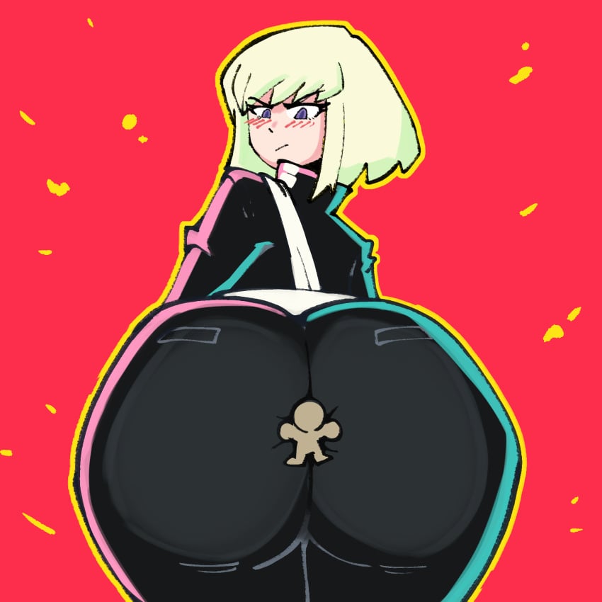 1boy ass_focus ass_on_face ass_sniffing big_ass blush blushing bubble_butt butt_crush facesitting femboy giant giant_femboy lio_fotia macro male promare red_background size_difference smothering sniffing_ass trap