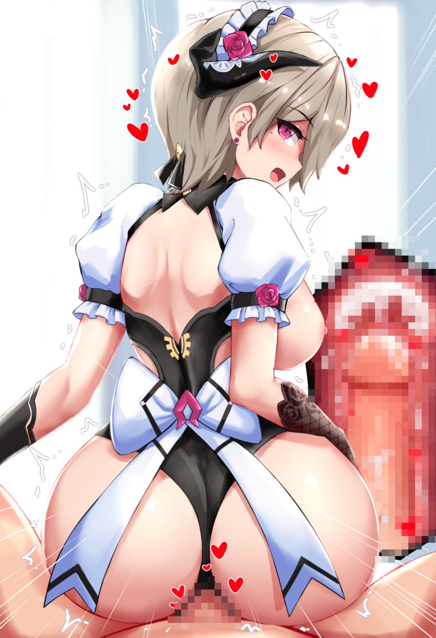 1boy 1girls ass asymmetrical_gloves backless_outfit black_leotard bottomless brown_hair captain_(honkai_impact) censored clothed_female_nude_male cowgirl_position cum_in_pussy cum_inside earrings exposed_breasts flower gloves hair_ornament happy heart honkai_(series) honkai_impact_3rd horn large_breasts leotard light-skinned_female light-skinned_male light_skin looking_at_partner looking_at_viewer looking_back_at_viewer maid maid_headdress maid_uniform male_pov mosaic_censoring nipples open_mouth penetration penis pov purple_eyes reverse_cowgirl_position ribbon rita_rossweisse rita_rossweisse_(umbral_rose) rose sex sitting_on_person slash-ex smile straddling surprised