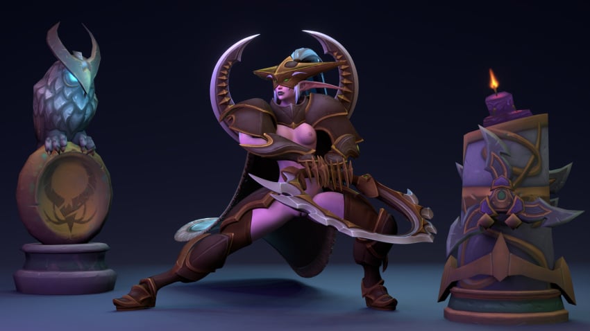 16:9 1girls 3d armor blender eyebrows_visible_through_hair female fight fighting_pose fighting_stance fit_female glaive half-dressed helmet maiev_shadowsong medium_breasts night_elf nipples piroguh pose posing purple_skin pussy pussy_peek simple_background solo solo_female statue warcraft warden weapon white_hair world_of_warcraft