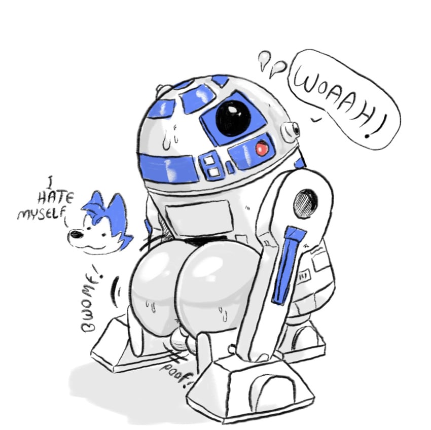 1boy ass ass_focus balls big_ass big_butt bodily_fluids butt butt_focus dialogue english_text flying_sweatdrops genitals hi_res looking_back machine male male_only metallic_body r2-d2 r2-series_astromech_droid robot simple_background simplybobcat sound_effects star_wars sweat sweatdrop text unavailable_at_source white_background