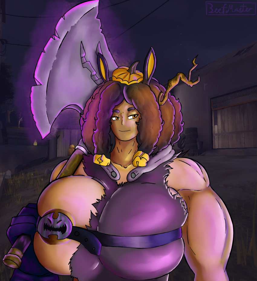 areola areola_slip beefmaster belt_bra big_breasts clothed_female cosplay exposed_breasts exposed_nipples horse_girl horseless_headless_horsemann mudsdale pokemon poofy_hair pumpkin terracotta_(beefmaster) tf2 weapon weapon_over_shoulder