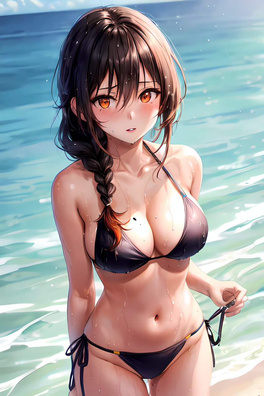 1girls 2d ai_generated bangs bare_shoulders beach bikini black_bikini black_hair blush braid breasts brown_eyes brown_hair caustics cleavage collarbone cowboy_shot day hair_between_eyes hair_over_shoulder halter_top halterneck horizon lake large_breasts long_hair looking_at_viewer mole mole_on_breast mole_under_eye navel ocean outdoors parted_lips pool pool_ladder poolside sand shore side_tie_bikini side_tie_panties sidelocks smile solo standing stomach string_bikini swimsuit tan tanlines thighs wading water waves wet wet_clothes wet_hair