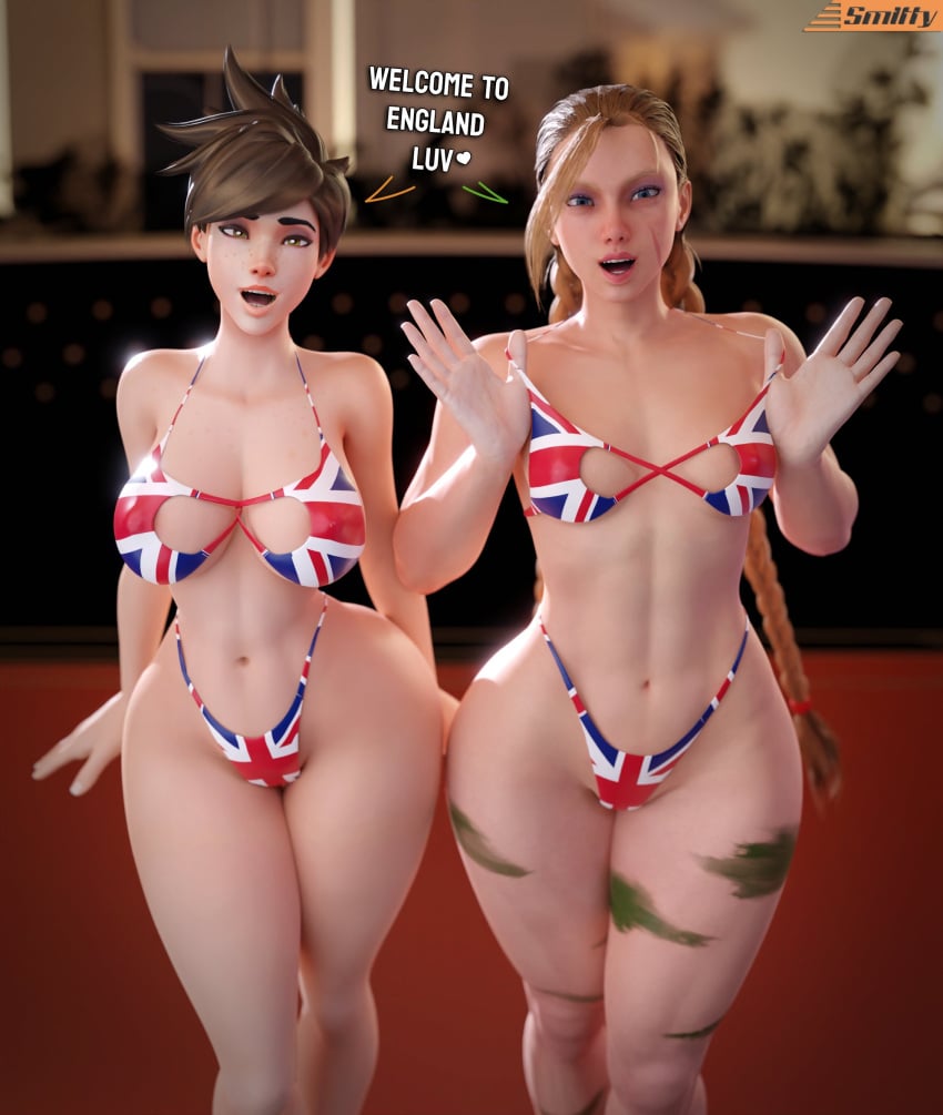 2girls 3d 3d_(artwork) abs belly_button big_breasts bikini blonde_hair blurry_background body_markings braided_hair braided_twintails breasts british british_female brown_hair busty cammy_white crossover dark_hair duo duo_female female females_only flag_bikini freckles human long_hair looking_at_viewer midriff navel open_mouth overwatch overwatch_2 pulling_bikini_string pulling_clothing scar short_hair small_breasts smitty34 standing street_fighter swimsuit talking talking_to_viewer text thighs toned_female tracer twintails union_jack_bikini union_jack_tracer