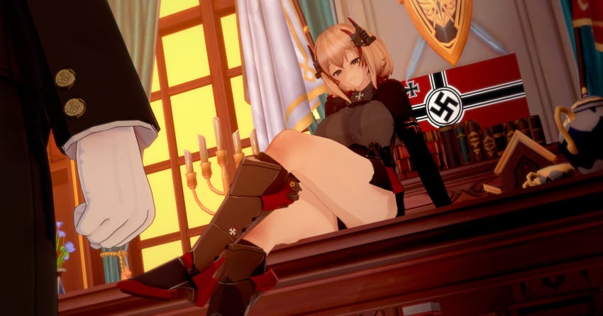 azur_lane bleachedartoria brown_eyes brown_hair commander_(azur_lane) gloves heels koikatsu large_breasts nazi roon_(azur_lane) skirt swastika thick_thighs