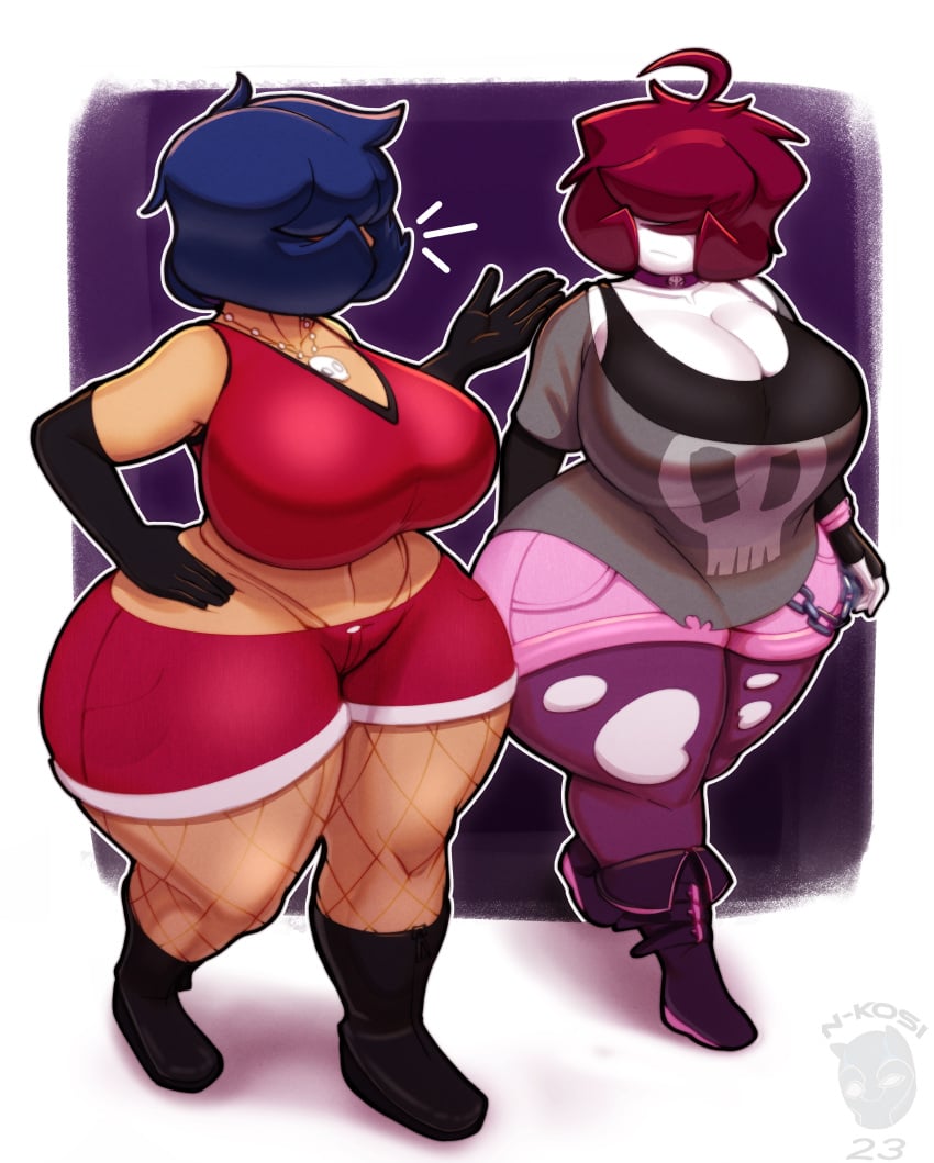 2girls big_breasts blue_hair boots breasts busty cleavage clothing collar crop_top female female_only fishnet_legwear fishnets gaz_membrane hair_over_eyes hand_on_hip huge_breasts invader_zim large_breasts leggings looking_at_each_other n-kosi n-kosi_(coloring) necklace purple_background red_hair shorts thicc_gaz thick_thighs torn_legwear white_background wide_hips