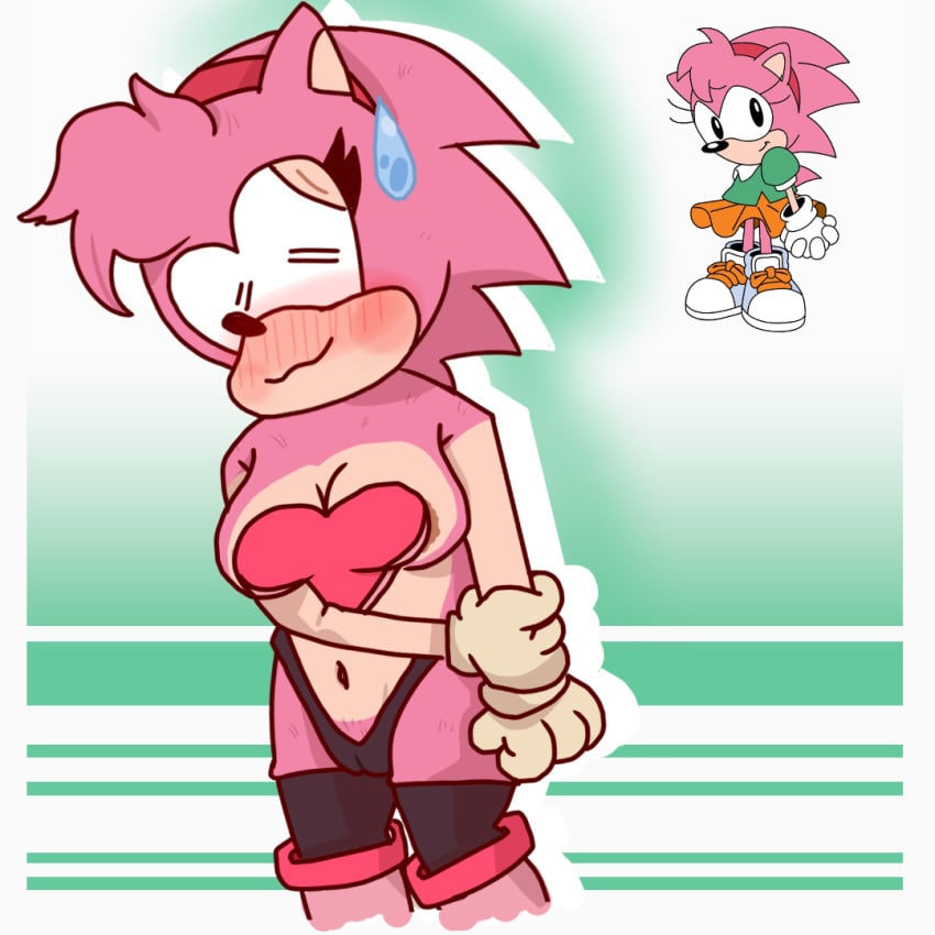 amy_rose amy_the_bat big_breasts blush bra classic_amy_rose cosplay embarrassed hairband rouge_the_bat_(cosplay) sonic_(series) sonic_the_hedgehog_(series) stockings underwear