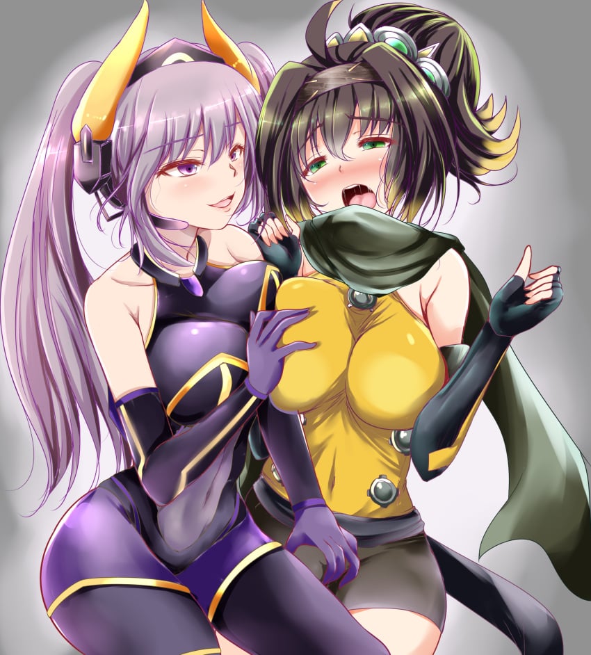 2girls andrew_(artist) duel_monster i:p_masquerena kunoichi ninja s-force_rappa_chiyomaru yu-gi-oh! yuri