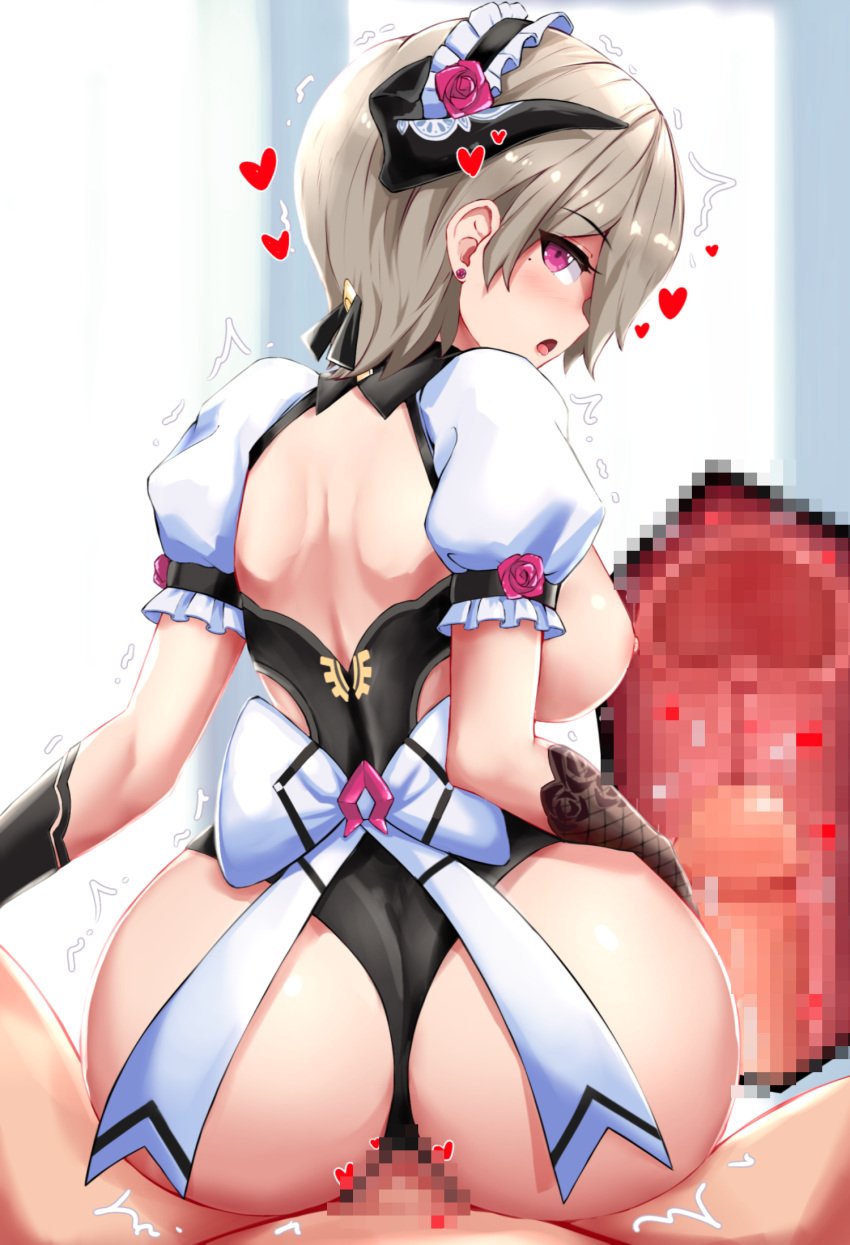 1boy 1girls :o ass asymmetrical_gloves backless_outfit black_leotard bottomless brown_hair captain_(honkai_impact) censored clothed_female_nude_male cowgirl_position earrings exposed_breasts flower gloves hair_ornament heart honkai_(series) honkai_impact_3rd horn large_breasts leotard light-skinned_female light-skinned_male light_skin looking_at_partner looking_at_viewer looking_back_at_viewer maid maid_headdress maid_uniform male_pov mosaic_censoring nipples penetration penis pov purple_eyes reverse_cowgirl_position ribbon rita_rossweisse rita_rossweisse_(umbral_rose) rose sex sitting_on_person slash-ex smile straddling surprised