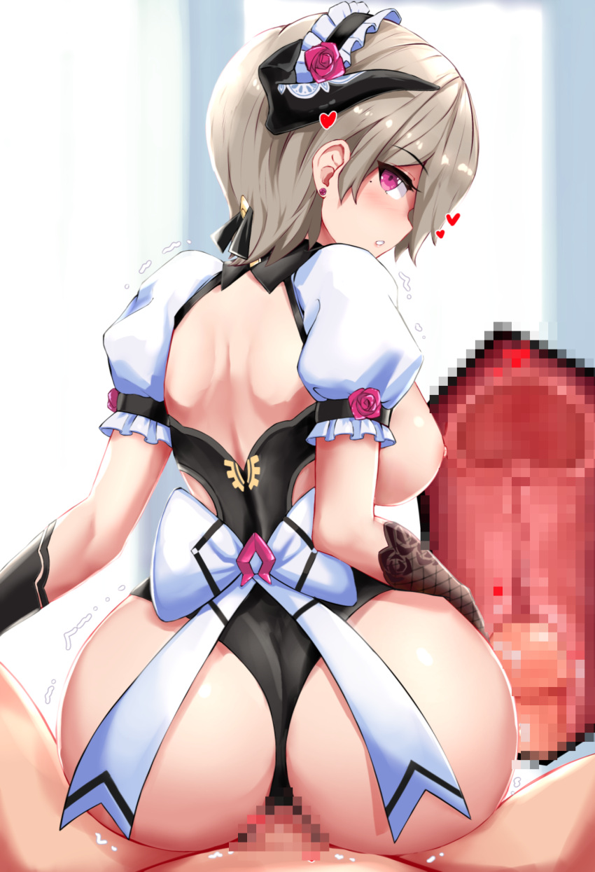 1boy 1girls :o ass asymmetrical_gloves backless_outfit black_leotard bottomless brown_hair captain_(honkai_impact) censored clothed_female_nude_male cowgirl_position earrings exposed_breasts flower gloves hair_ornament honkai_(series) honkai_impact_3rd horn large_breasts leotard light-skinned_female light-skinned_male light_skin looking_at_partner looking_at_viewer looking_back_at_viewer maid maid_headdress maid_uniform male_pov mosaic_censoring nipples penetration penis pov purple_eyes reverse_cowgirl_position ribbon rita_rossweisse rita_rossweisse_(umbral_rose) rose sex sitting_on_person slash-ex smile straddling