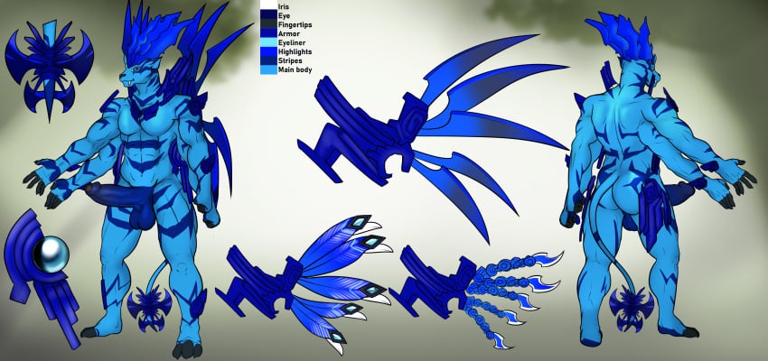 3_toes 4_arms 5_fingers abs absurd_res anthro armor ass balls big_penis blade blue_body blue_eyes blue_penis disney english_text eyeliner fangs feathered_wings feathers feet felid fingers franubis front_view gem genitals hi_res humanoid_genitalia humanoid_penis leopard makeup male mammal markings model_sheet multi_arm multi_limb pantherine penis rear_view rydrake spectrobe spectrobes tail tail_blade teeth text toes weapon_tail wings