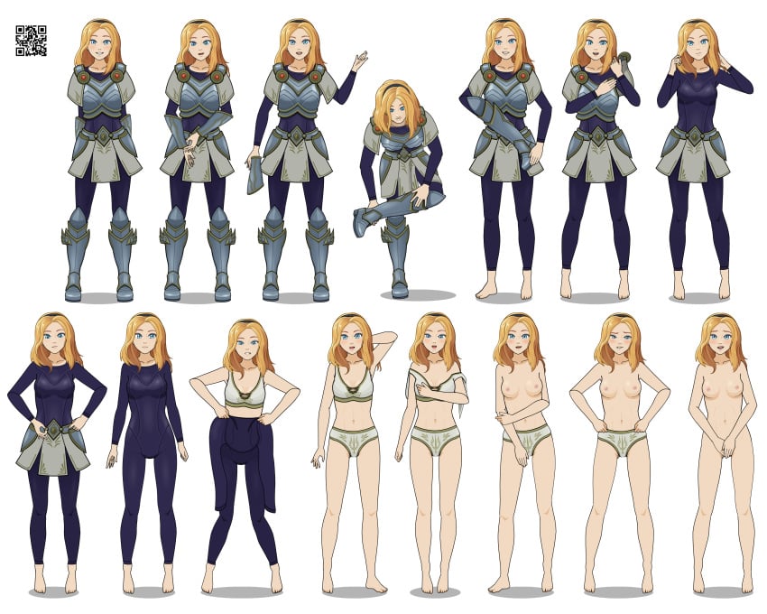 1girls 2d armor barefoot blonde_hair bodysuit boots bra breasts completely_nude completely_nude_female female female_only full_body kisekae league_of_legends looking_at_viewer luxanna_crownguard naked nude panties pussy qr_code skirt solo solo_female spnati sprite_sheet strip_poker_night_at_the_inventory stripping transparent_background undressing