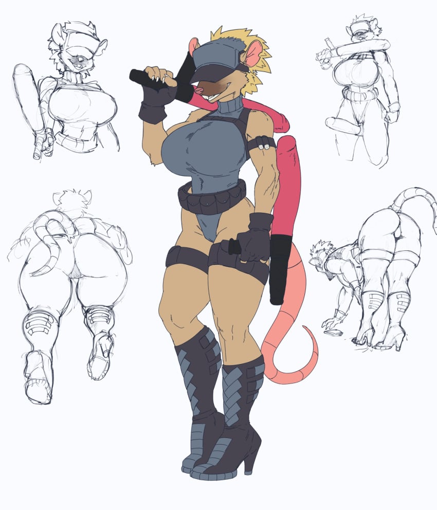 anthro bent_over boots breasts clothed clothing covered_eyes dildo dildo_baton female fingerless_gloves footwear gloves handwear hat headgear headwear hi_res high_heels jindragowolf mammal multiple_poses murid murine pose rat rodent sex_toy simple_background solo standing white_background