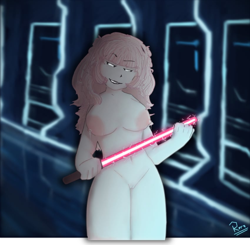 1girls blurred_background breasts breasts_out commission commissioner_oc detailed detailed_background facing_viewer glowing_eyes holding_lightsaber holding_object lightsaber looking_at_viewer milk_leaking naked naked_female neon no_pupils nude nude_female nudity oc public public_exposure public_nudity pussy pussy_out roblox roblox_avatar robloxian roro_(artist) self_upload spaceship star_wars weapon