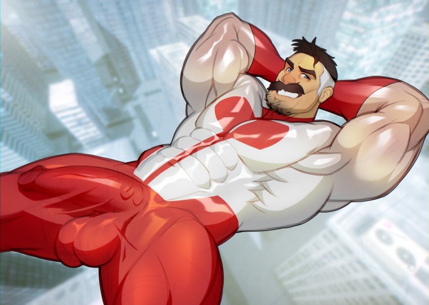 balls bara big_balls big_penis boner bulge costume erection facial_hair hands_behind_head invincible male male_only moustache muscles muscular nolan_grayson omni-man penis penis_under_clothes skayous solo solo_male