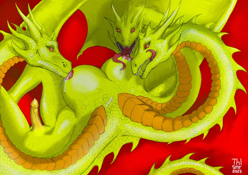 anthro bodily_fluids breast_play breasts breasts_licking dragon genitals godzilla_(series) gold_scales gynomorph hydra intersex king_ghidorah multi_head nipples penis red_sclera solo tail thalasmir toho wings