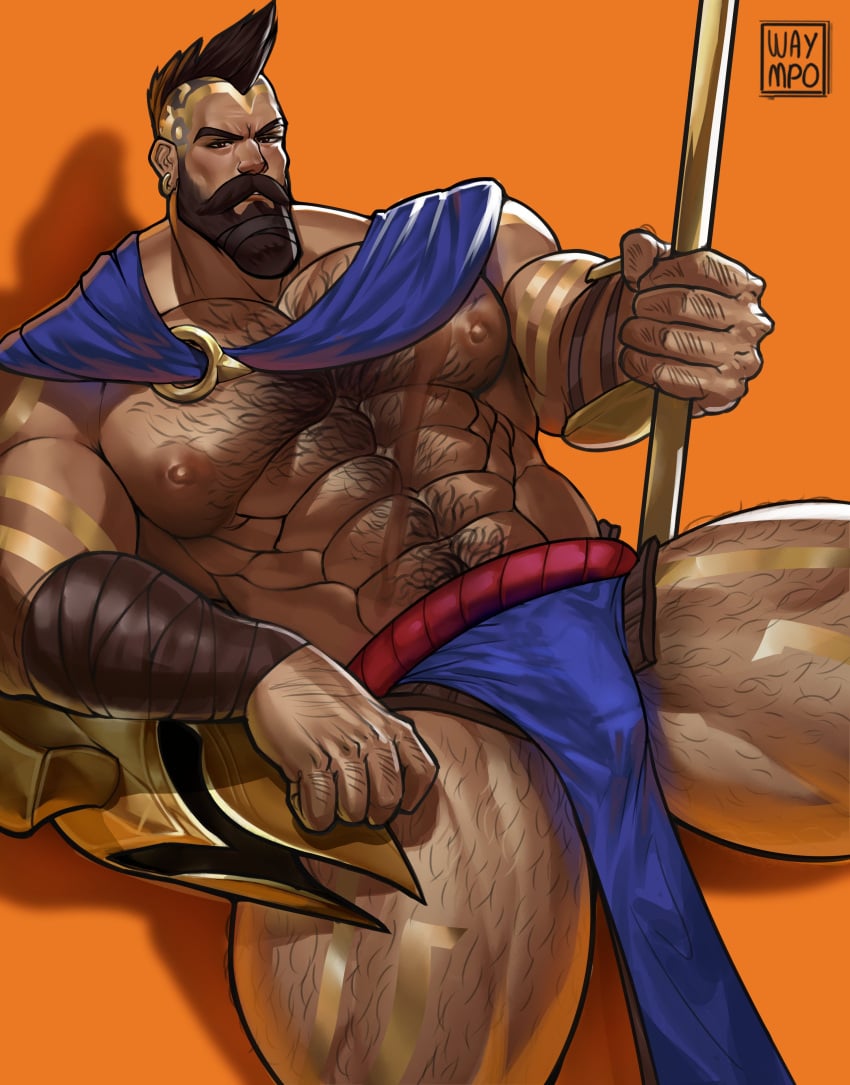 1boy 2023 atreus_(league_of_legends) bara bara_tits barazoku beard bulge cape facial_hair gay hairy hairy_chest helmet hi_res highres league_of_legends looking_at_viewer male male_focus male_nipples male_only male_pubic_hair manly muscular muscular_male nipples pantheon penis_outline riot_games solo solo_male tattoos waympo yaoi