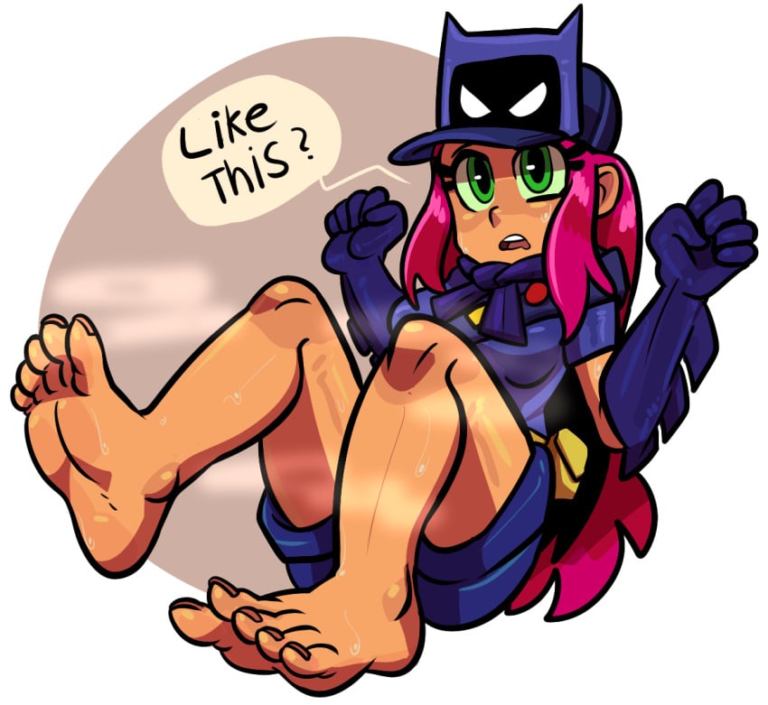 1girls 2d alien alien_girl alien_humanoid batman_(cosplay) cap cartoon_network dc dc_comics dialogue feet female female_only foot_fetish foot_focus fully_clothed gloves green_eyes hat long_hair long_hair_female looking_at_viewer no_penetration no_sex no_shoes open_mouth orange_skin pants pink_hair reathroch shirt shorts sitting soles solo solo_female solo_focus starfire sweat sweating teen_titans teen_titans_go text text_bubble toes