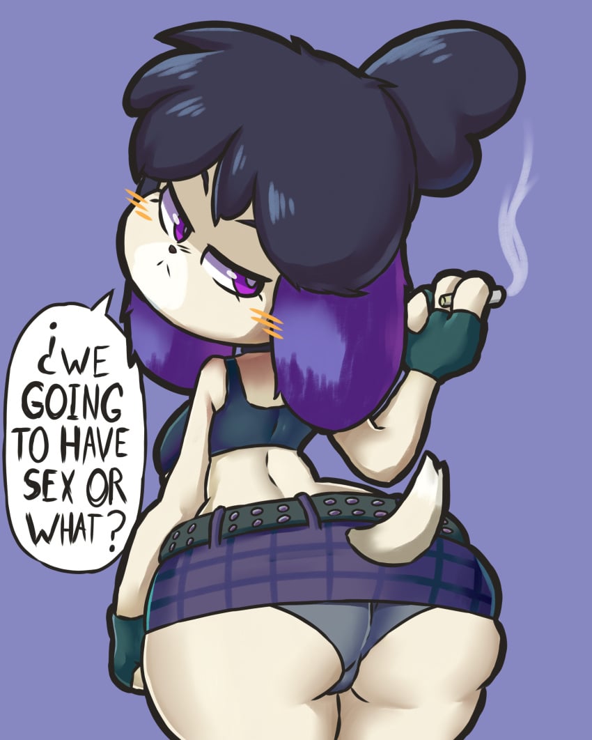 1girls 2021 animal_crossing anthro ass belt blush blush_lines blushing_at_viewer breasts domestic_dog female furry gothabelle holding_cigarette isabelle_(animal_crossing) looking_at_viewer looking_back lotikmac nintendo panties purple_eyes simple_background skirt tail tank_top text text_bubble thick_thighs