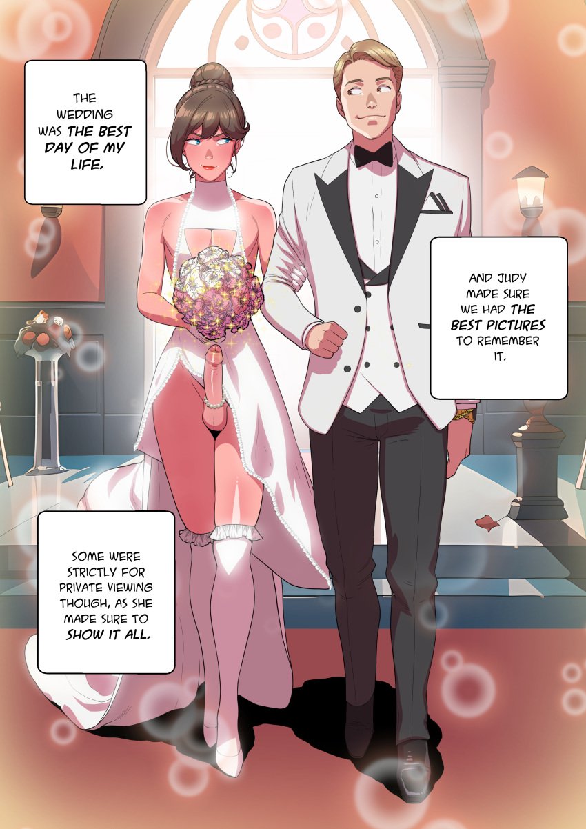 1boys 1girls blonde_hair blue_eyes bouquet bowtie brown_hair casual clothed clothing erection femboy flower fully_clothed genitalwear girly human judy_(tekuho) male male_only original pale_skin penis penis_collar penis_jewelry suit tekuho trap_bride wedding wedding_dress wedding_lingerie white_suit