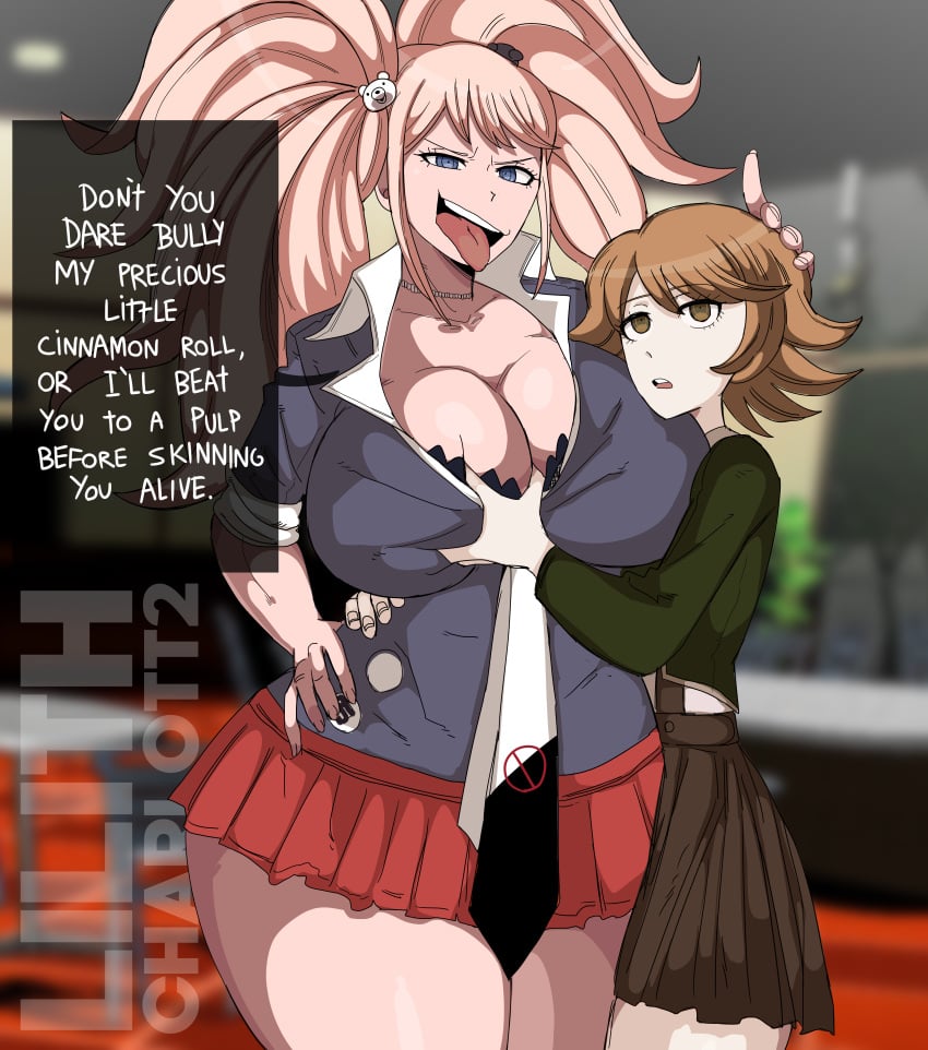 1boy 1girls 2023 big_breasts big_thighs blonde_hair blue_eyes breast_grab breasts brown_hair cleavage danganronpa english_text female femboy femboy_on_female fujisaki_chihiro grope groping groping_breast groping_breasts hand_on_hip hands_on_hips huge_breasts huge_thighs junko_enoshima large_thighs lilithcharlott2 long_hair necklace orange_hair shiny_breasts shiny_hair shiny_skin source_request spike_chunsoft talking_to_viewer taller_girl text text_box thick_thighs thighs tongue tongue_out twin_braids twintails white_skin