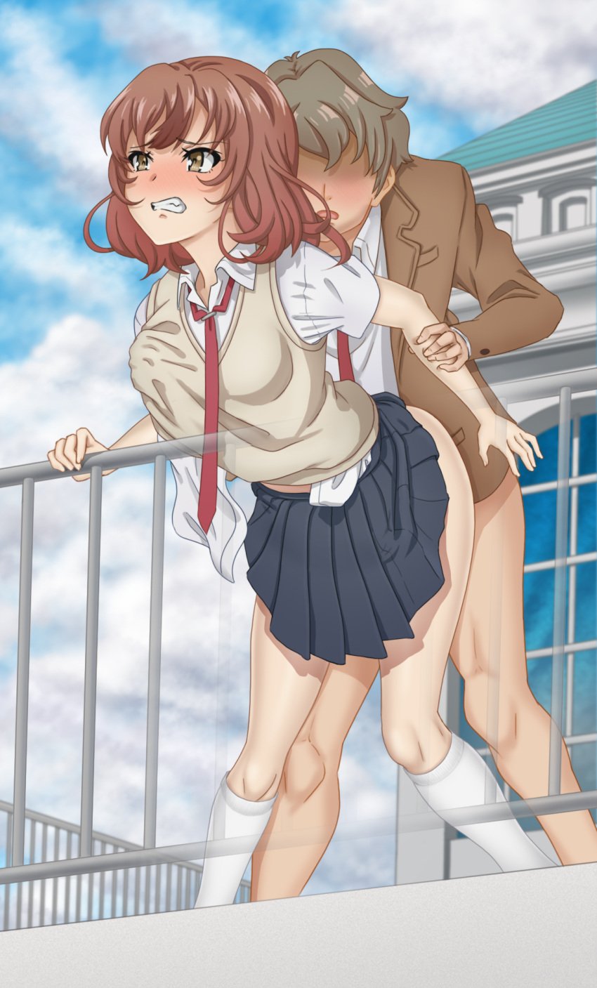 1boy 1girls 2d against_fence against_railing azusagawa_sakuta blue_skirt blush breast_grab breast_grab_during_sex breast_grab_from_behind breast_grab_under_clothes brown_hair clothed clothed_sex clothing doggy_style female female_focus grabbing_from_behind groping groping_from_behind hand_under_shirt implied_penetration implied_sex kamisato_saki red_hair red_tie school_uniform schoolgirl seishun_buta_yarou_wa_bunny_girl_senpai_no_yume_wo_minai sex_under_skirt skirt standing standing_sex straight