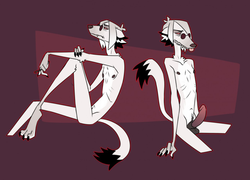 3_toes 4_fingers animal_genitalia animal_penis anthro balls blep cadaverrdog cigarette claws erection eyewear eyewear_only fangs feet fingers fur genitals glasses glasses_only gradient_penis hair holding_cigarette holding_object humanoid_genitalia humanoid_penis hybrid_genitalia hybrid_penis lux_(cadaverrdog) male mammal mustelid musteline navel nipples nude penis red_background sheath simple_background sitting smoking smoking_tobacco solo stoat tail teeth tinted_glasses toes tongue tongue_out true_musteline weasel white_body white_fur